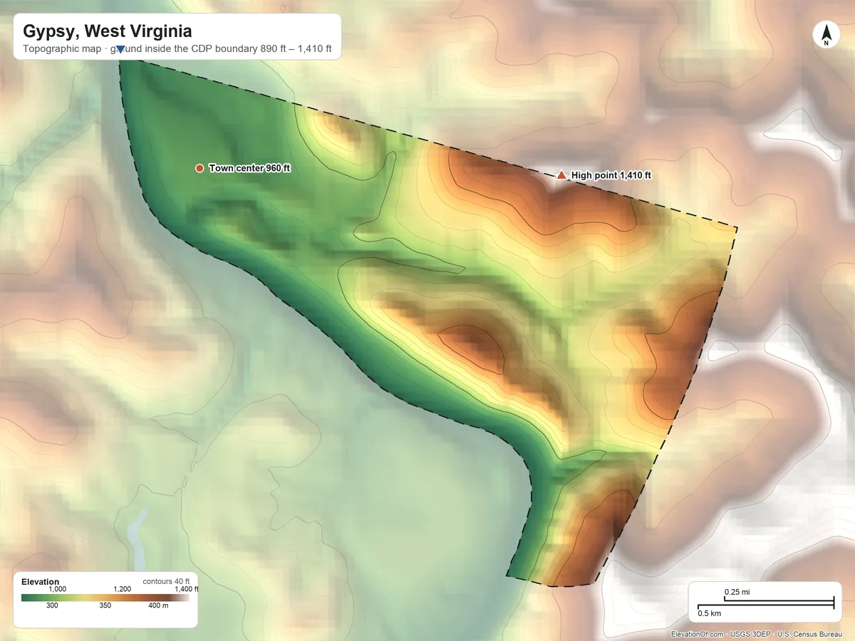 Topographic elevation map of Gypsy, West Virginia, shaded from 890 ft on the northwest side to 1,410 ft on the east side