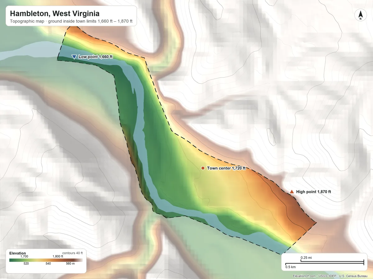Topographic elevation map of Hambleton, West Virginia, shaded from 1,660 ft on the northwest side to 1,870 ft at the foot of the Backbone Mountain