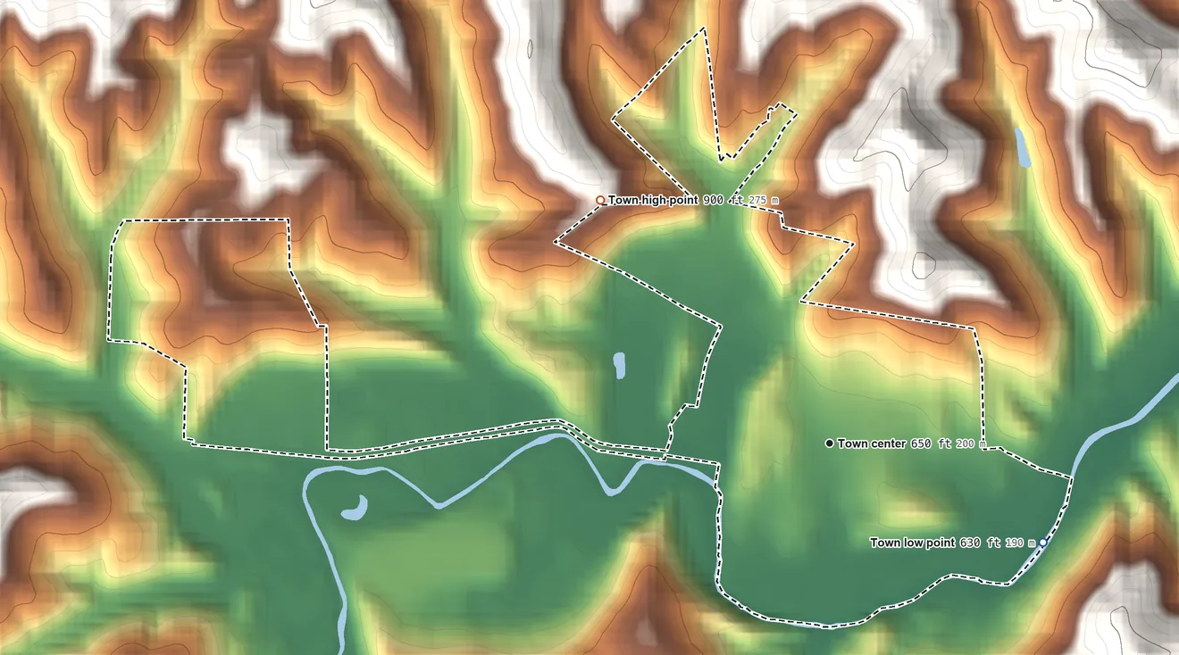 Topographic elevation map of Hamlin, West Virginia, shaded from 630 ft on the southeast side to 900 ft on the northwest side