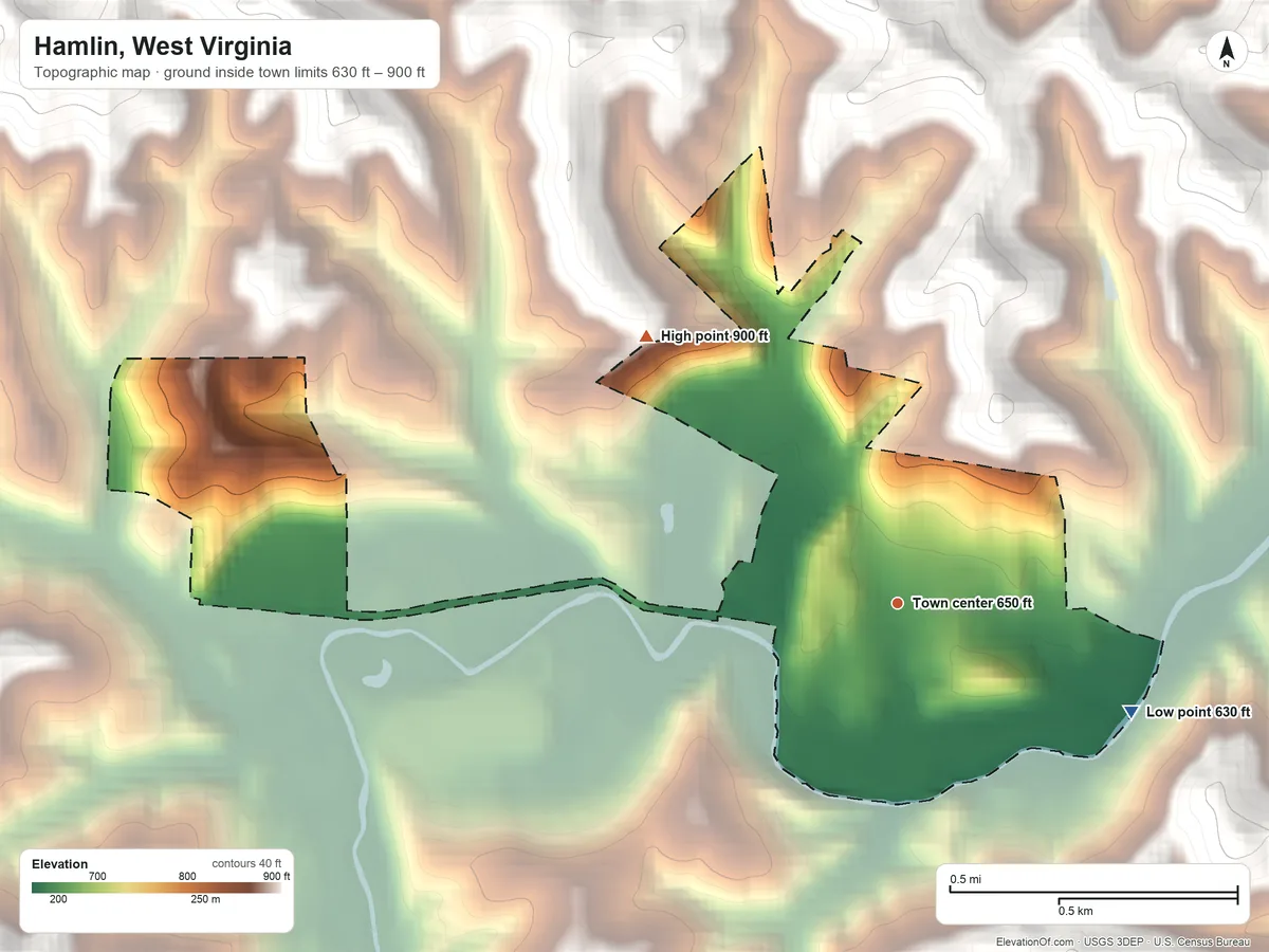 Topographic elevation map of Hamlin, West Virginia, shaded from 630 ft on the southeast side to 900 ft on the northwest side