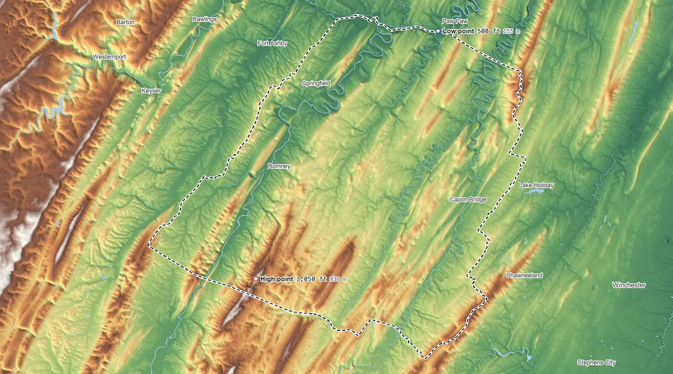 Topographic elevation map of Hampshire County, West Virginia, shaded from 500 ft on the northeast side to 3,050 ft on the southwest side