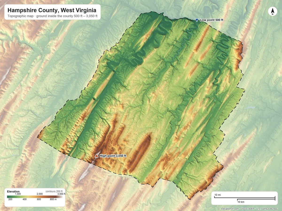 Topographic elevation map of Hampshire County, West Virginia, shaded from 500 ft on the northeast side to 3,050 ft on the southwest side