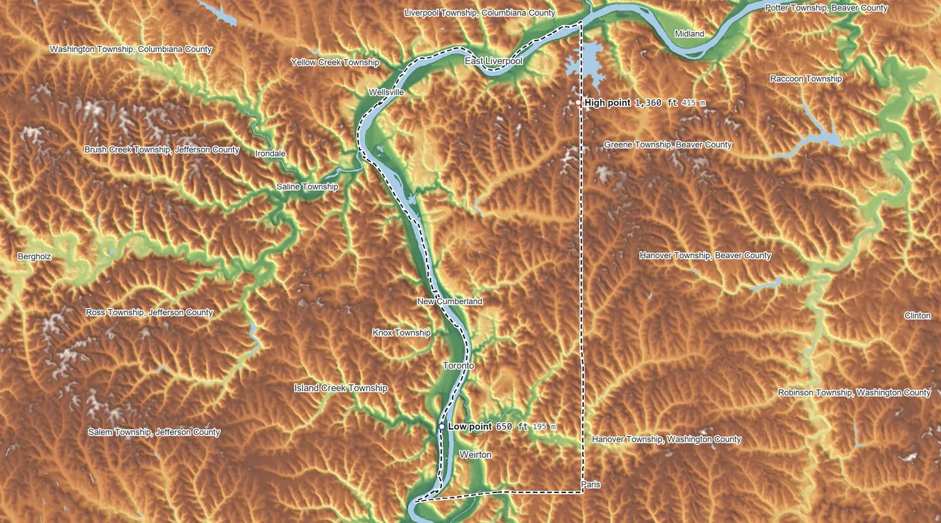 Topographic elevation map of Hancock County, West Virginia, shaded from 650 ft on the south side to 1,360 ft on Stewart Hill