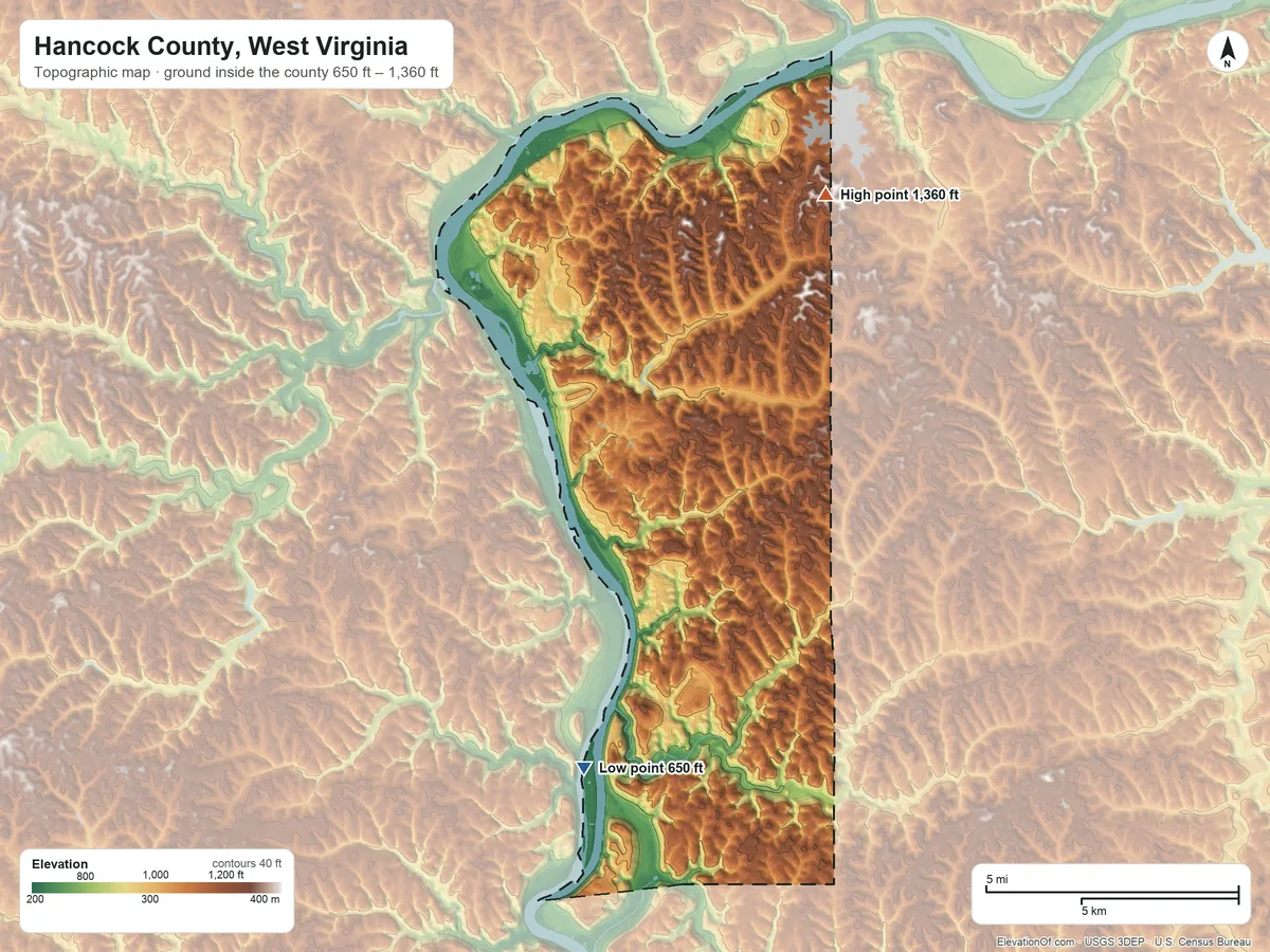 Topographic elevation map of Hancock County, West Virginia, shaded from 650 ft on the south side to 1,360 ft on Stewart Hill