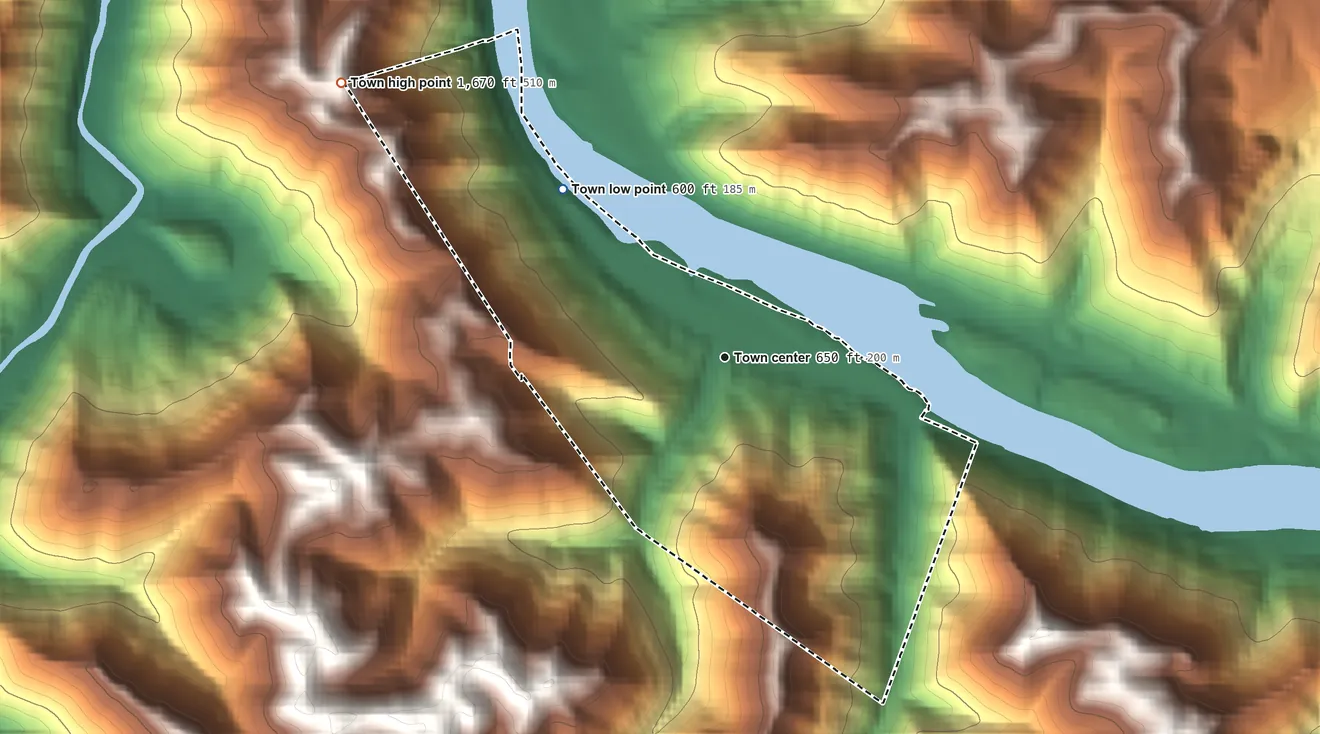 Topographic elevation map of Handley, West Virginia, shaded from 600 ft on the northwest side to 1,670 ft on the northwest side