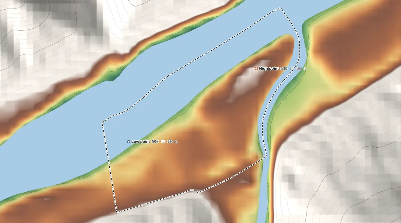 Topographic elevation map of Hansford, West Virginia, shaded from 590 ft on the west side to 630 ft on the northeast edge, below higher ground just outside