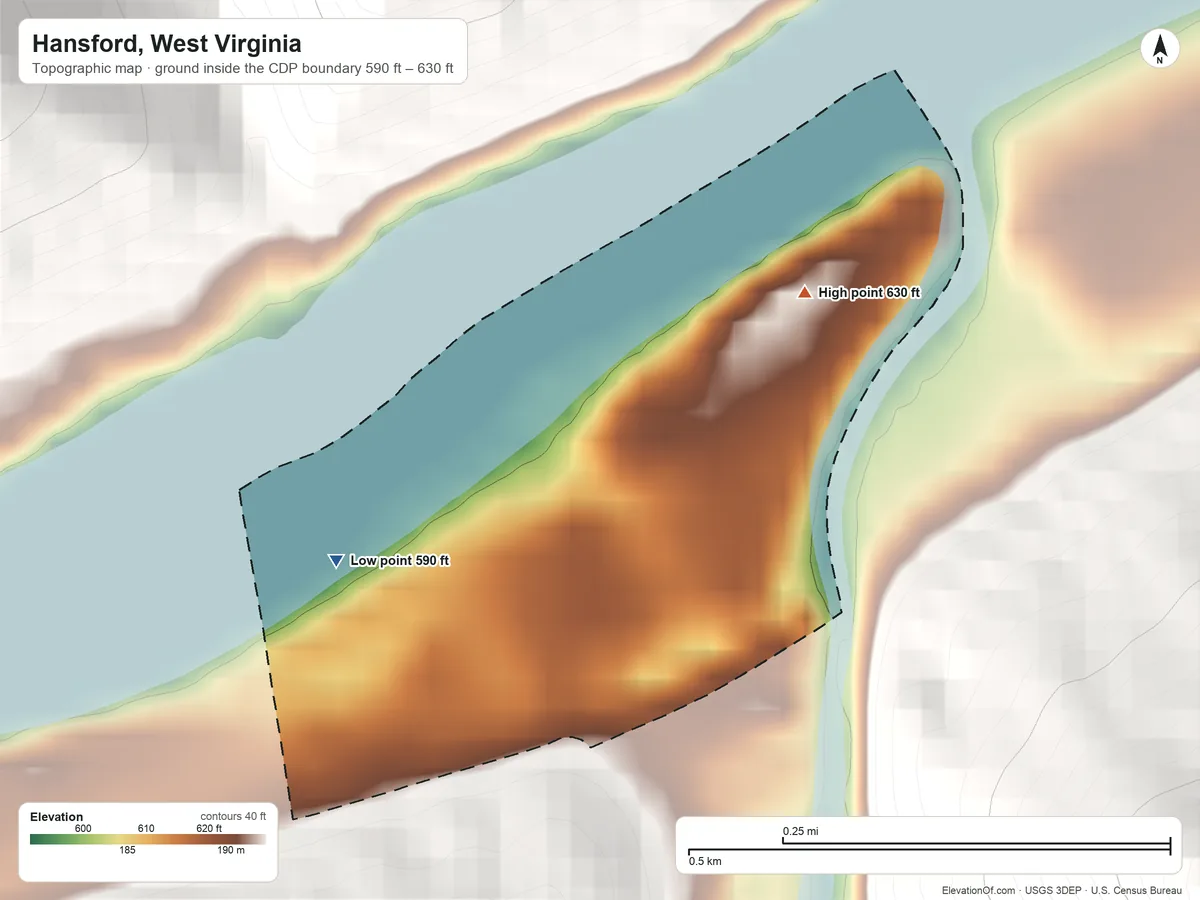 Topographic elevation map of Hansford, West Virginia, shaded from 590 ft on the west side to 630 ft on the northeast edge, below higher ground just outside