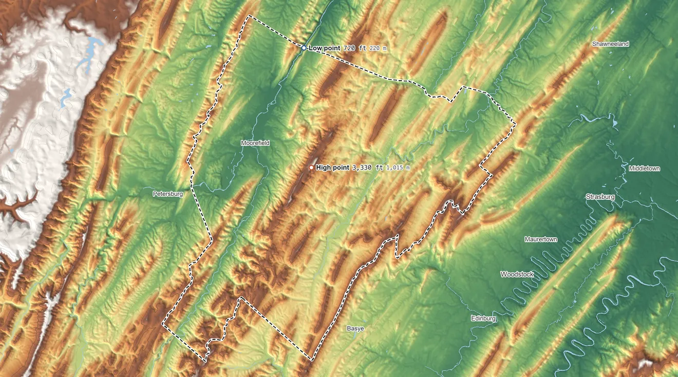 Topographic elevation map of Hardy County, West Virginia, shaded from 720 ft on the north side to 3,330 ft near the middle