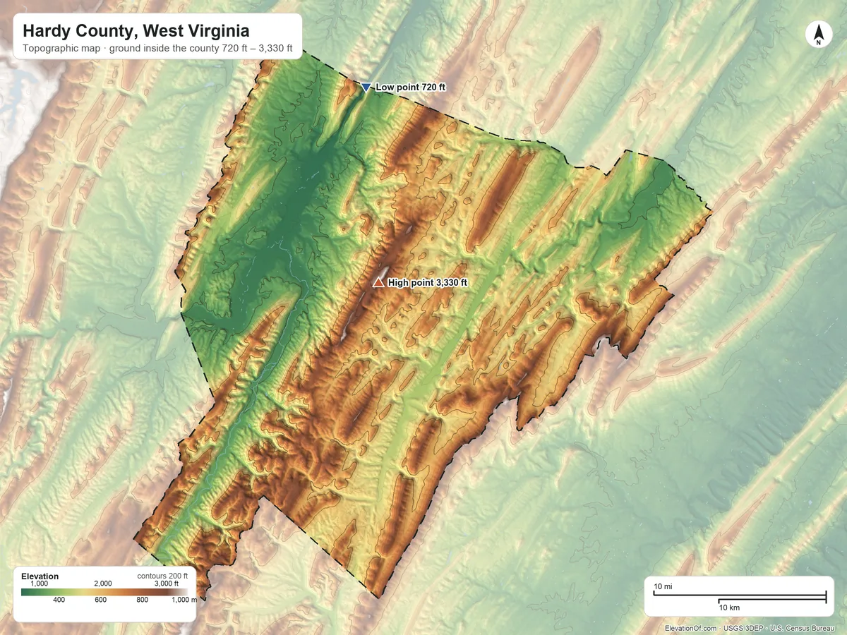 Topographic elevation map of Hardy County, West Virginia, shaded from 720 ft on the north side to 3,330 ft near the middle