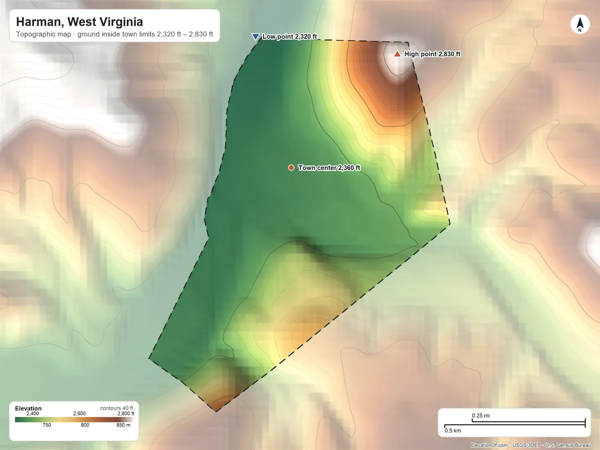 Topographic elevation map of Harman, West Virginia, shaded from 2,320 ft on the north side to 2,830 ft at the foot of the Backbone Mountain