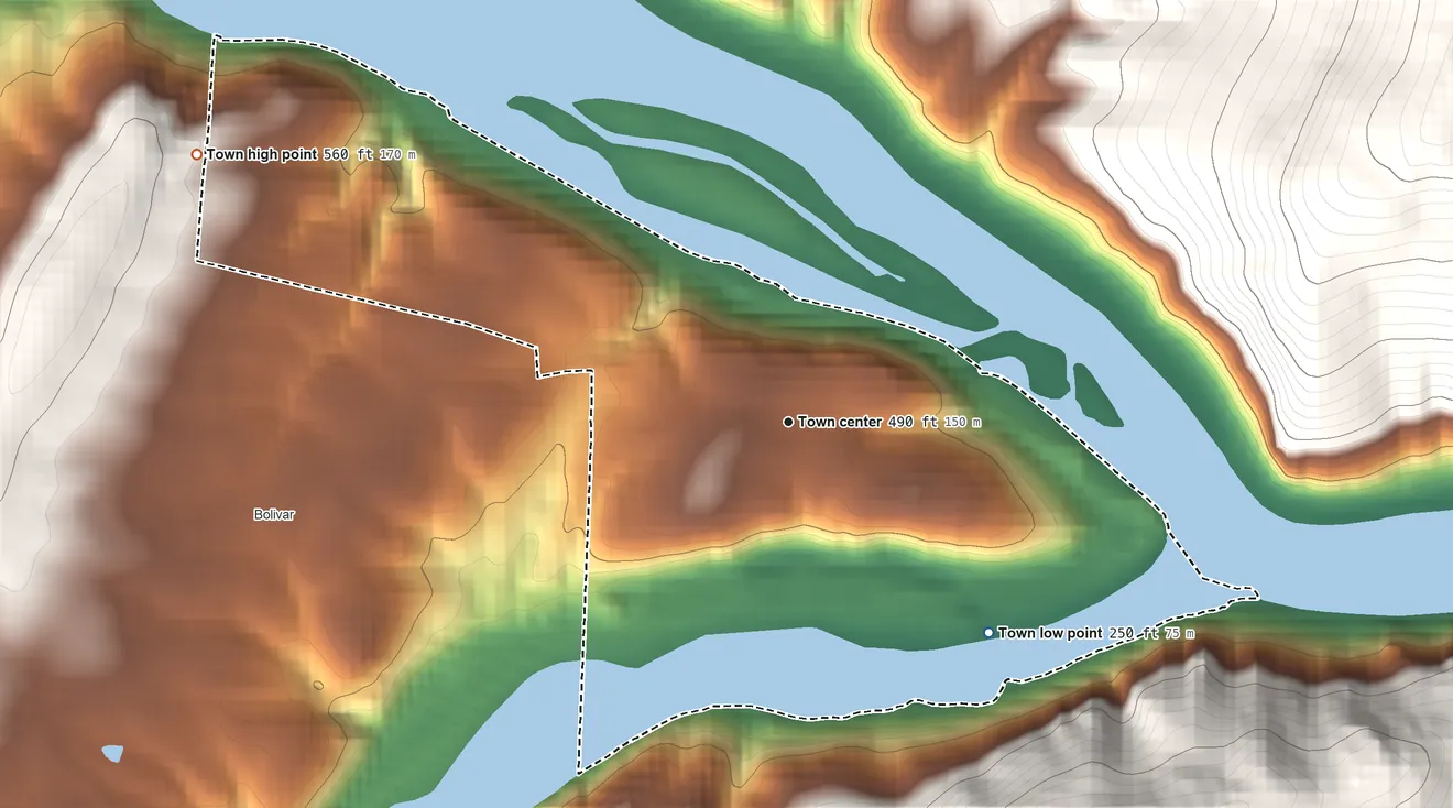 Topographic elevation map of Harpers Ferry, West Virginia, shaded from 250 ft on the southeast side to 560 ft on the northwest edge, below higher ground just outside