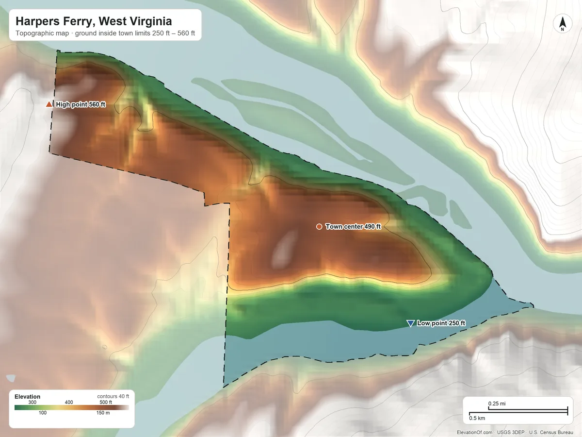 Topographic elevation map of Harpers Ferry, West Virginia, shaded from 250 ft on the southeast side to 560 ft on the northwest edge, below higher ground just outside