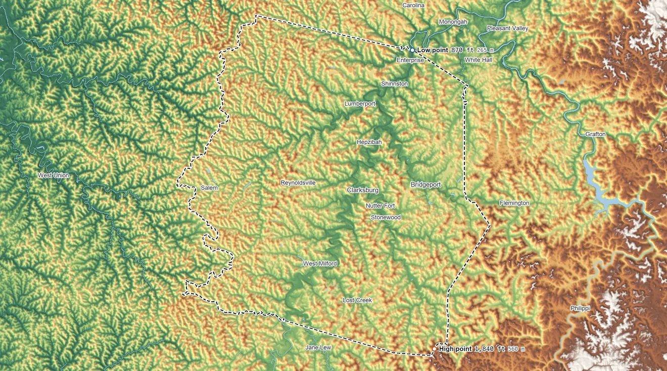 Topographic elevation map of Harrison County, West Virginia, shaded from 870 ft on the northeast side to 1,840 ft on the southeast side