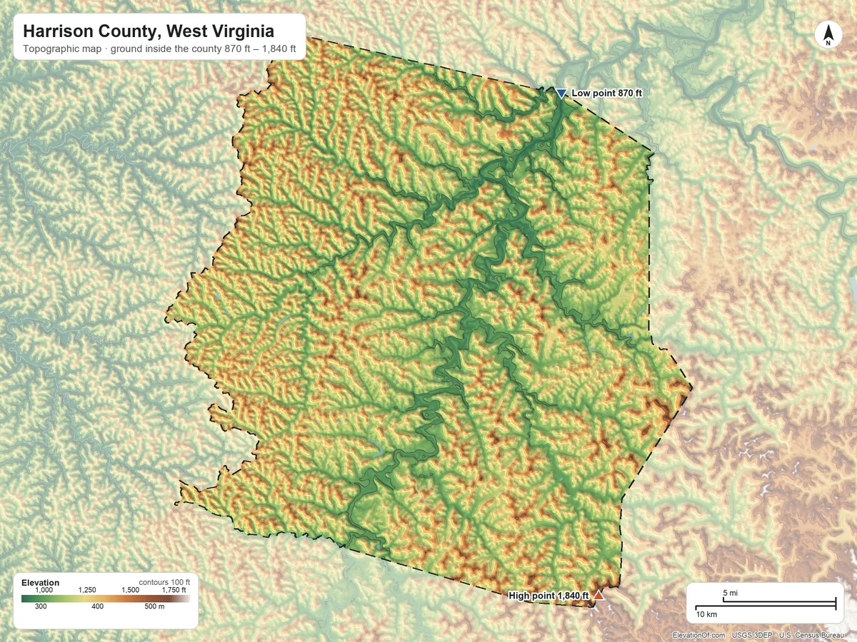 Topographic elevation map of Harrison County, West Virginia, shaded from 870 ft on the northeast side to 1,840 ft on the southeast side