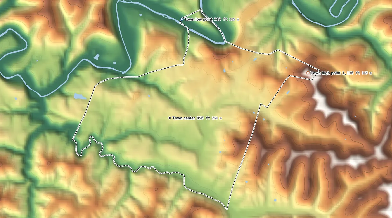 Topographic elevation map of Harrisville, West Virginia, shaded from 710 ft on the north side to 1,130 ft on the east side