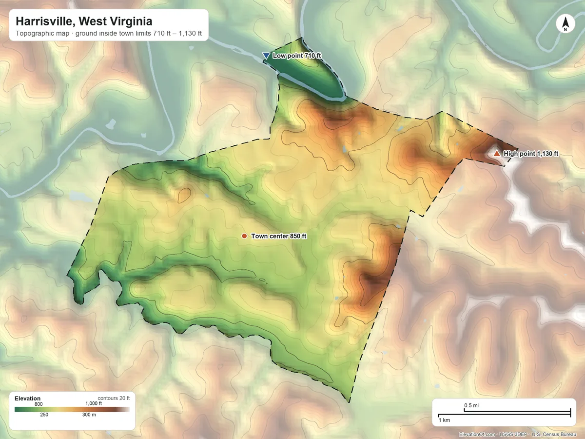 Topographic elevation map of Harrisville, West Virginia, shaded from 710 ft on the north side to 1,130 ft on the east side