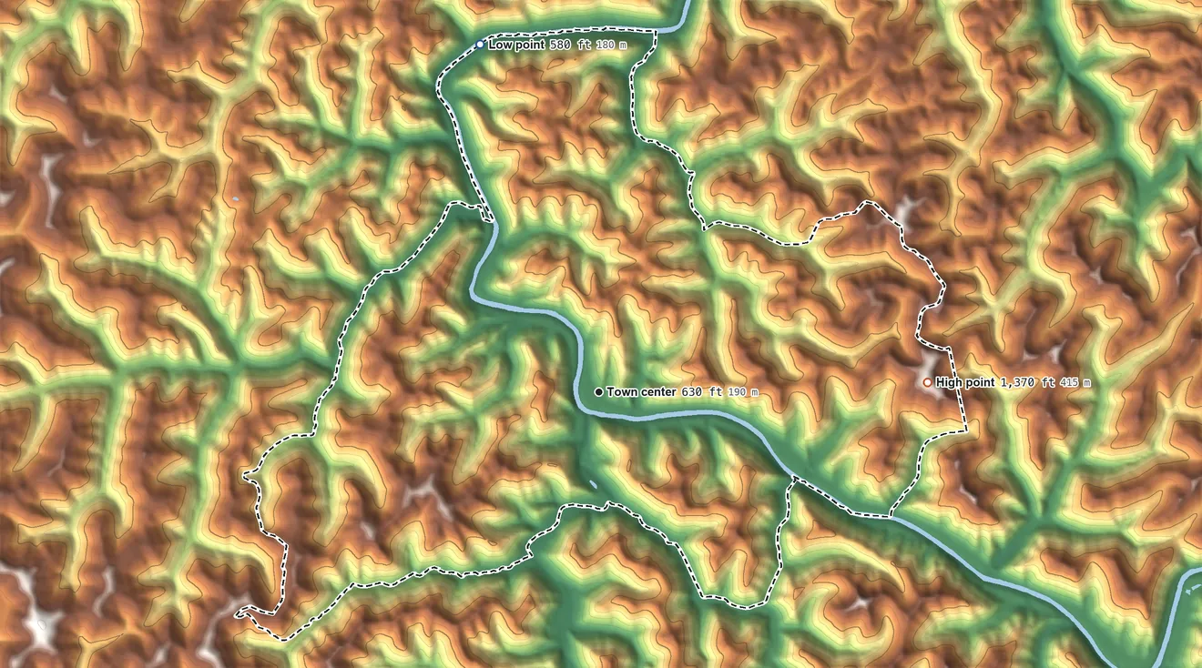 Topographic elevation map of Harts, West Virginia, shaded from 580 ft on the north side to 1,370 ft on the east side