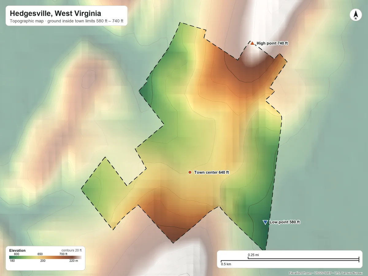 Topographic elevation map of Hedgesville, West Virginia, shaded from 580 ft on the southeast side to 740 ft on the northeast edge, below higher ground just outside