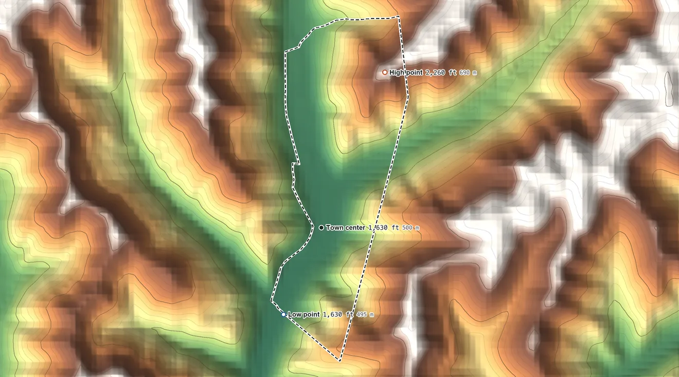 Topographic elevation map of Helen, West Virginia, shaded from 1,630 ft on the southwest side to 2,260 ft at the foot of the Guyandotte Mountain