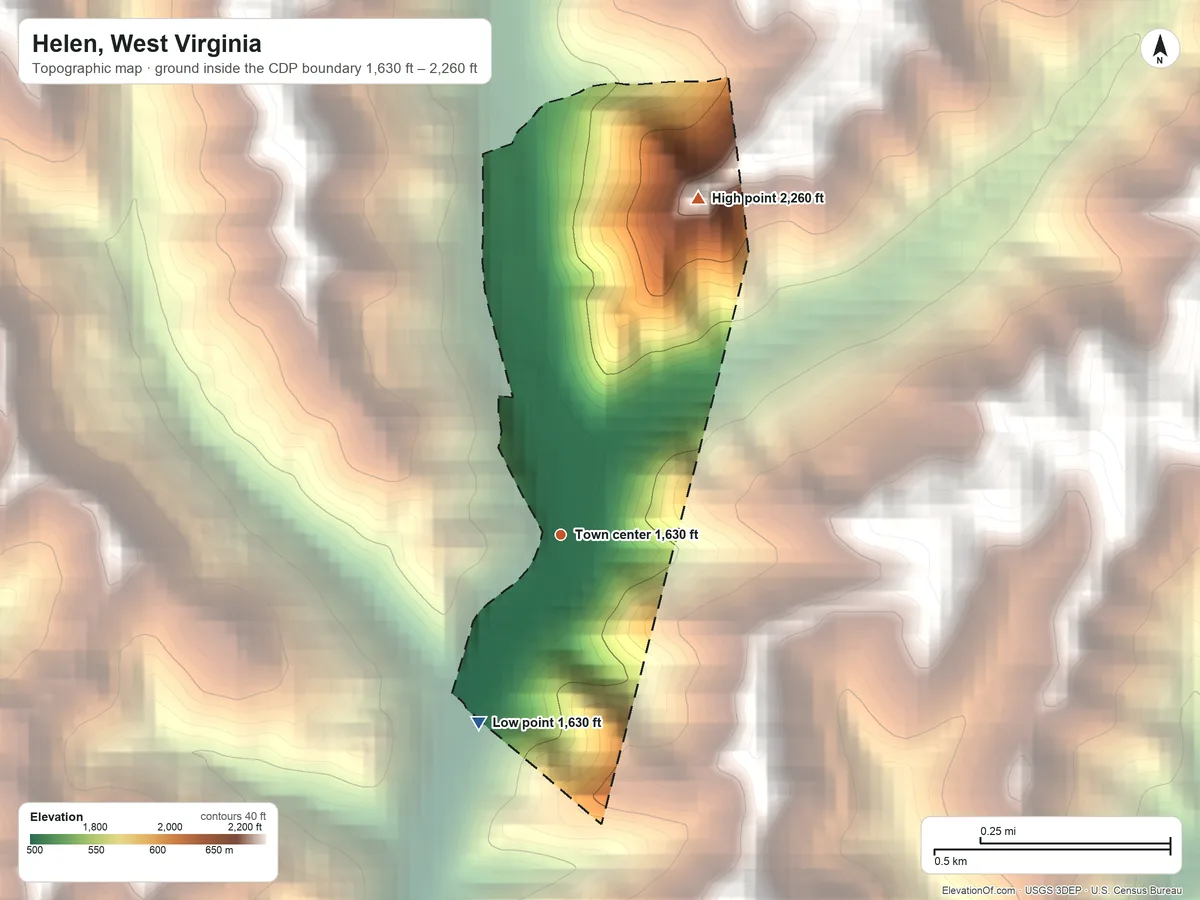 Topographic elevation map of Helen, West Virginia, shaded from 1,630 ft on the southwest side to 2,260 ft at the foot of the Guyandotte Mountain