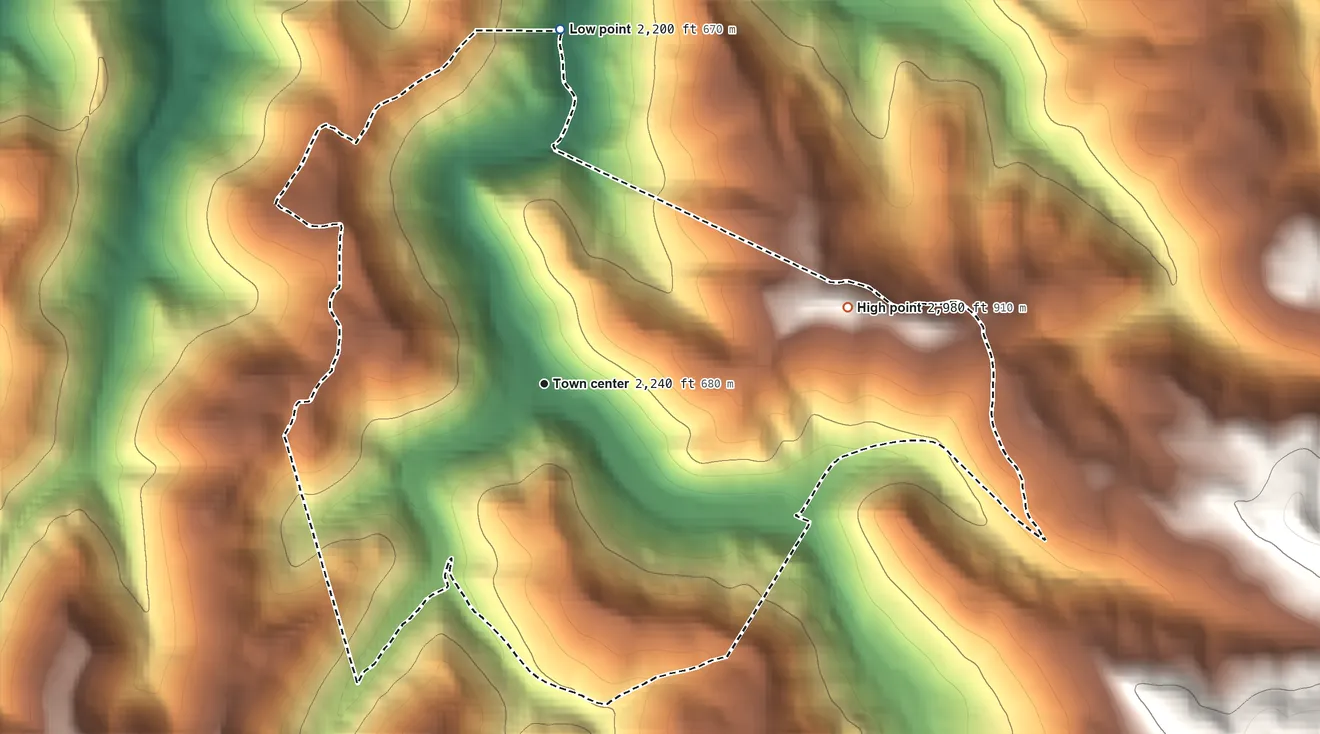 Topographic elevation map of Helvetia, West Virginia, shaded from 2,200 ft on the north side to 2,980 ft on the east side