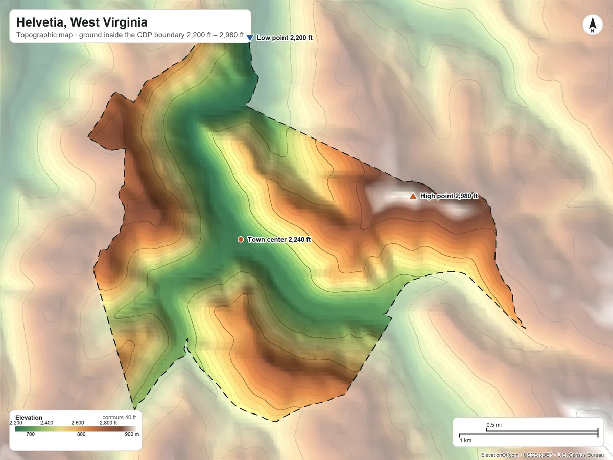 Topographic elevation map of Helvetia, West Virginia, shaded from 2,200 ft on the north side to 2,980 ft on the east side
