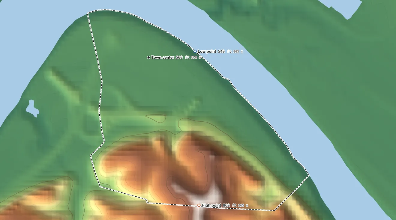 Topographic elevation map of Henderson, West Virginia, shaded from 540 ft on the east side to 860 ft on the south side