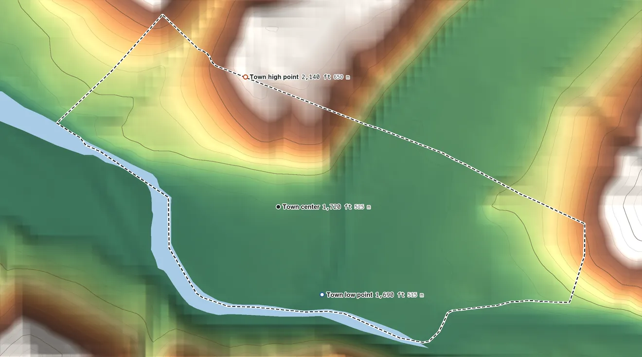 Topographic elevation map of Hendricks, West Virginia, shaded from 1,690 ft on the southeast side to 2,140 ft at the foot of the Backbone Mountain