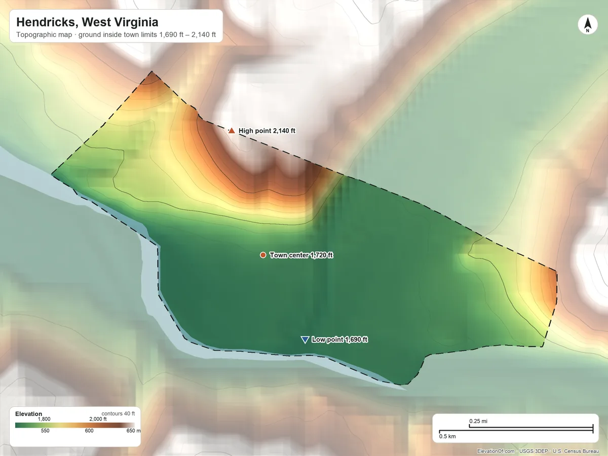 Topographic elevation map of Hendricks, West Virginia, shaded from 1,690 ft on the southeast side to 2,140 ft at the foot of the Backbone Mountain