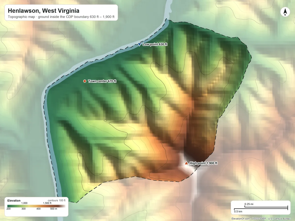 Topographic elevation map of Henlawson, West Virginia, shaded from 630 ft on the northeast side to 1,900 ft on the southeast side