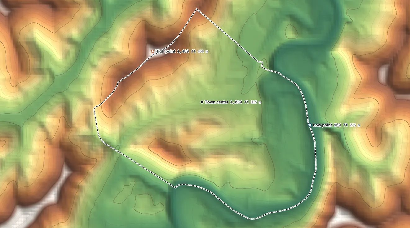 Topographic elevation map of Hepzibah, West Virginia, shaded from 900 ft on the east side to 1,480 ft on the northwest side