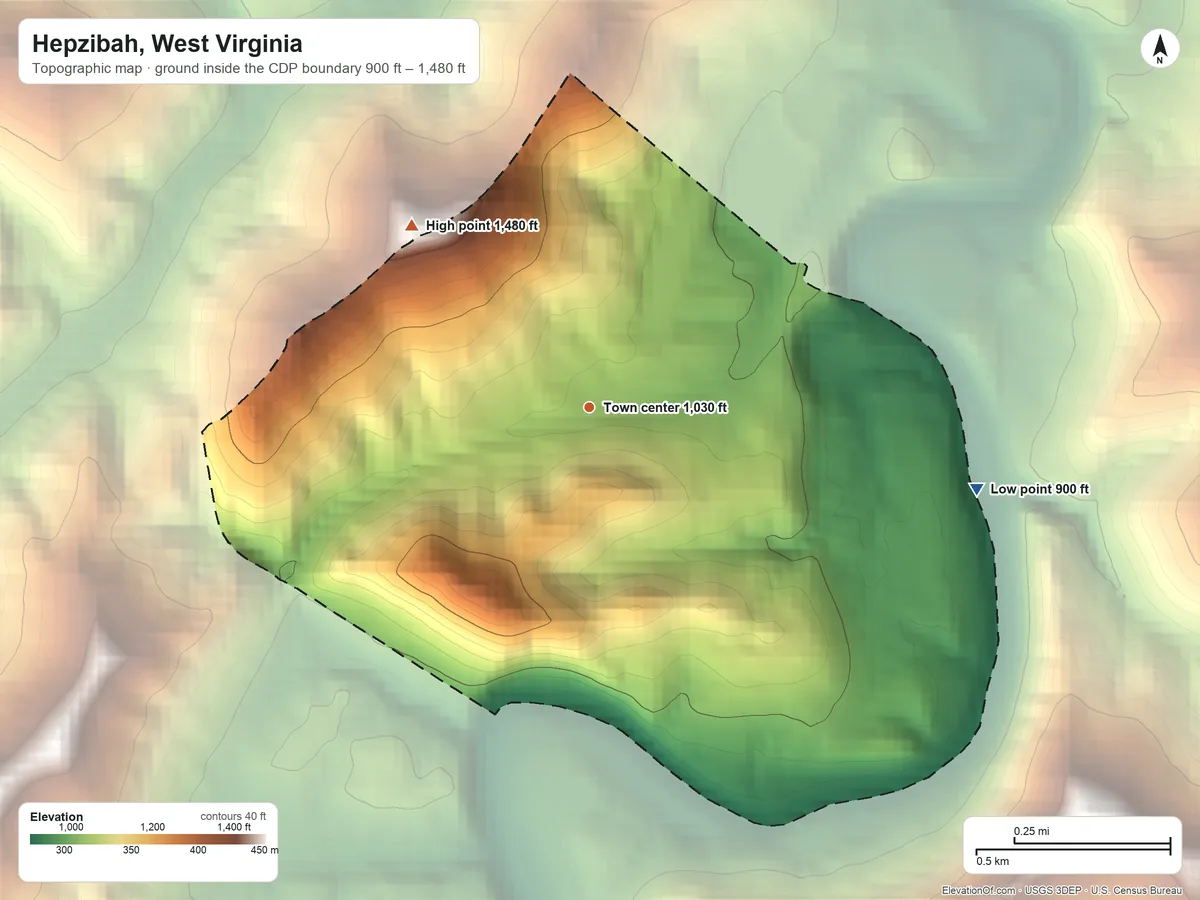 Topographic elevation map of Hepzibah, West Virginia, shaded from 900 ft on the east side to 1,480 ft on the northwest side