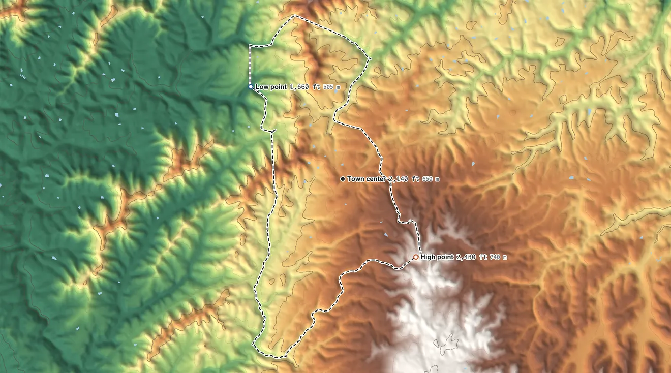 Topographic elevation map of Hico, West Virginia, shaded from 1,660 ft on the northwest side to 2,430 ft on the southeast side