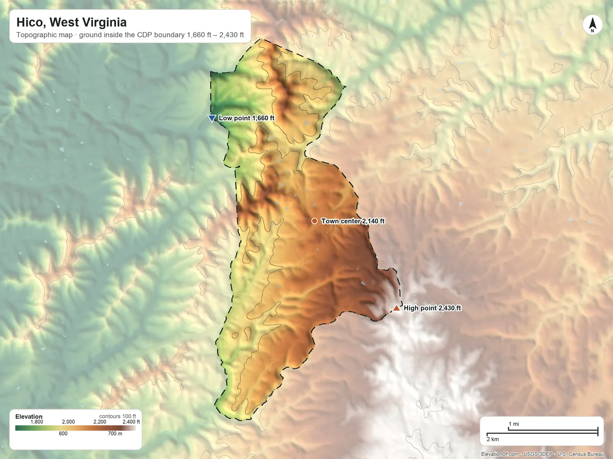 Topographic elevation map of Hico, West Virginia, shaded from 1,660 ft on the northwest side to 2,430 ft on the southeast side