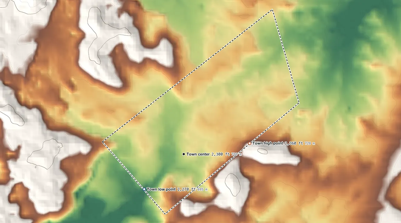 Topographic elevation map of Hillsboro, West Virginia, shaded from 2,270 ft on the southwest side to 2,360 ft at the foot of the Yew Mountains
