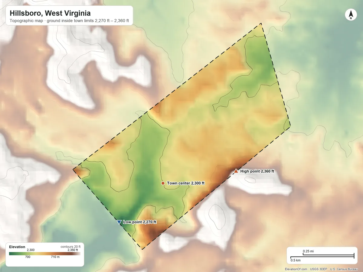 Topographic elevation map of Hillsboro, West Virginia, shaded from 2,270 ft on the southwest side to 2,360 ft at the foot of the Yew Mountains