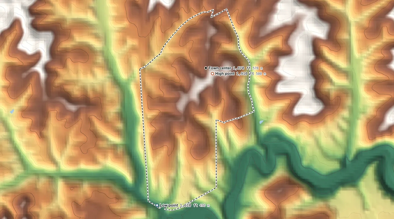 Topographic elevation map of Hilltop, West Virginia, shaded from 1,610 ft on the south side to 1,910 ft near the middle