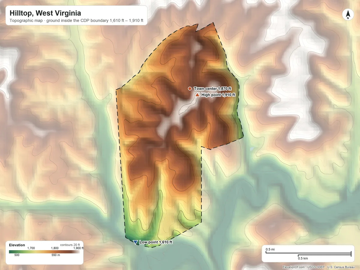Topographic elevation map of Hilltop, West Virginia, shaded from 1,610 ft on the south side to 1,910 ft near the middle