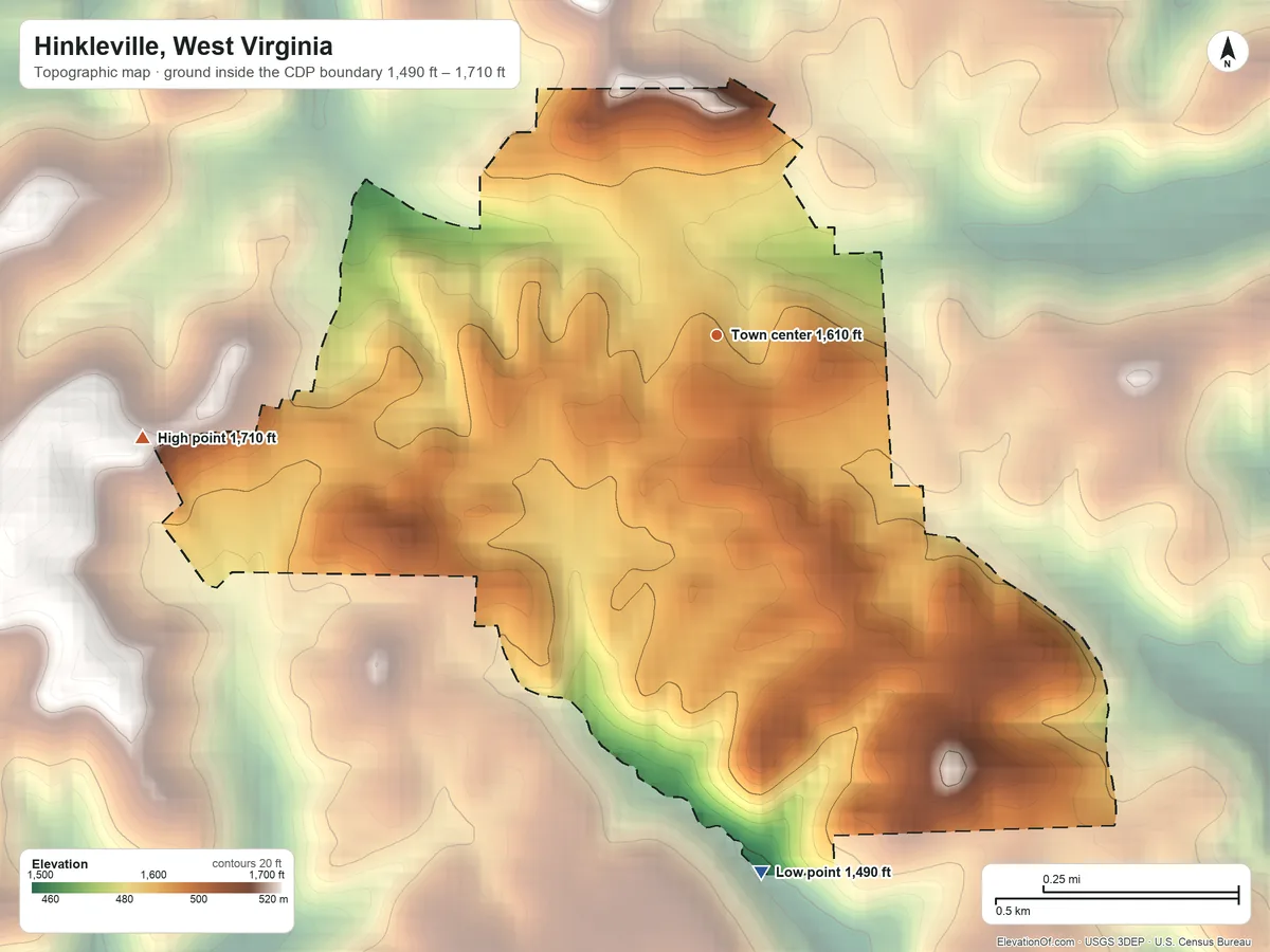 Topographic elevation map of Hinkleville, West Virginia, shaded from 1,490 ft on the south side to 1,710 ft on the west side