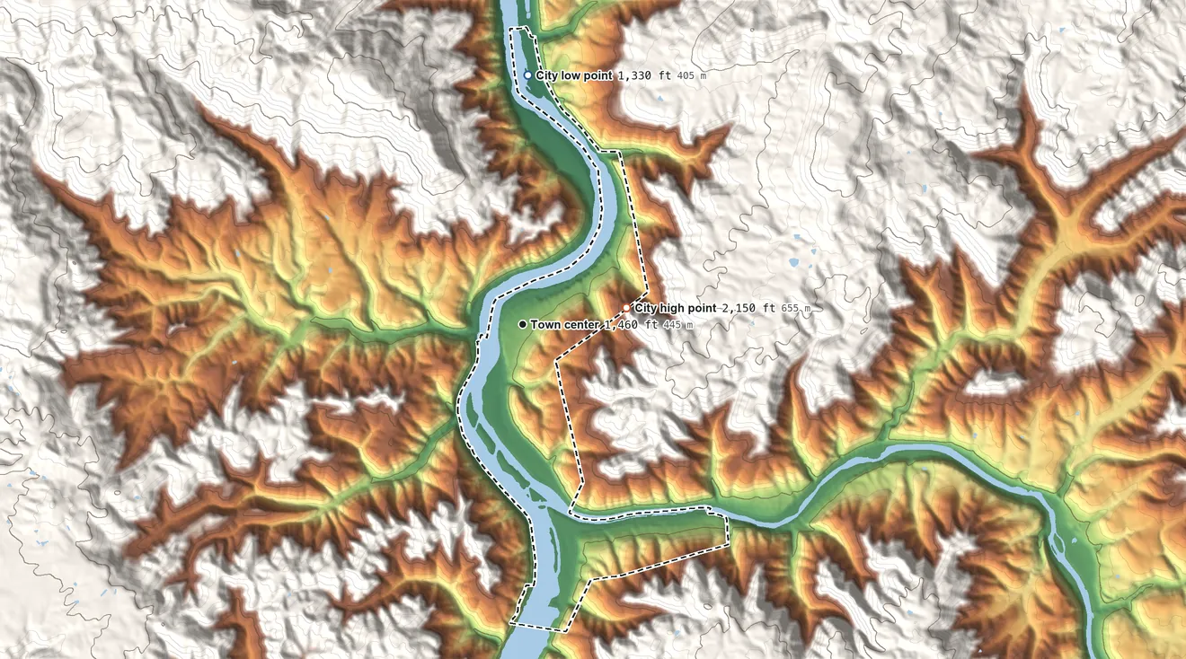 Topographic elevation map of Hinton, West Virginia, shaded from 1,330 ft on the north side to 2,150 ft on the east edge, below higher ground just outside