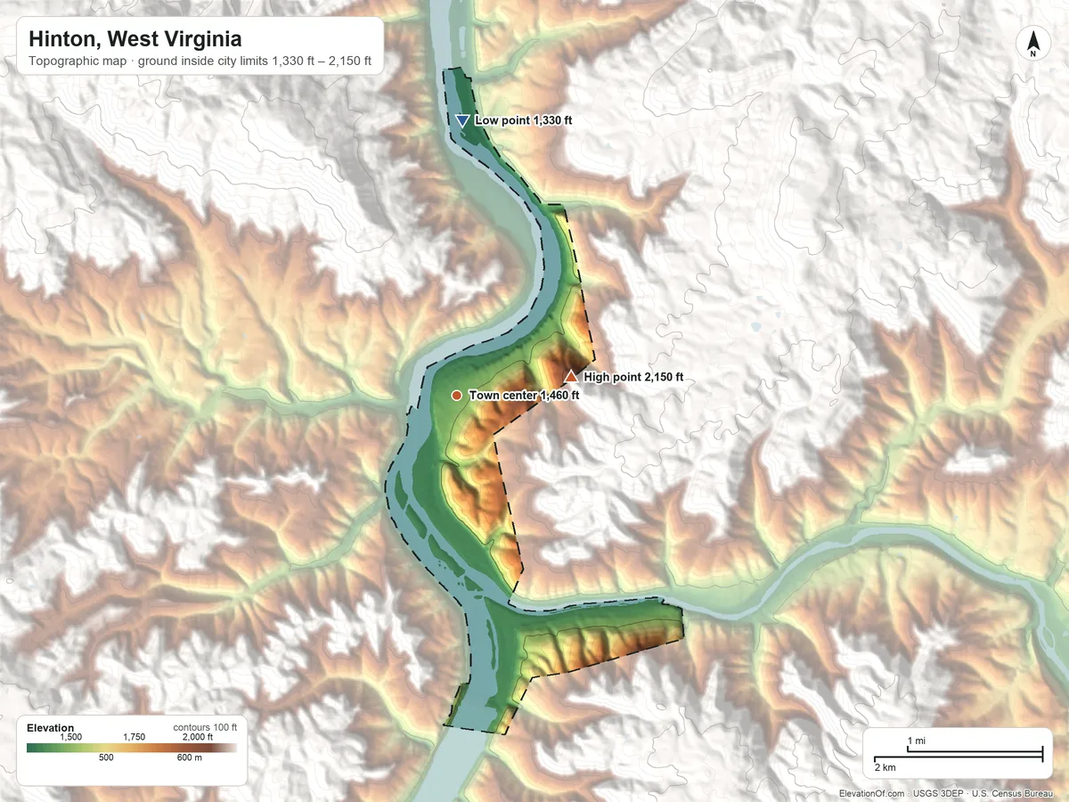 Topographic elevation map of Hinton, West Virginia, shaded from 1,330 ft on the north side to 2,150 ft on the east edge, below higher ground just outside