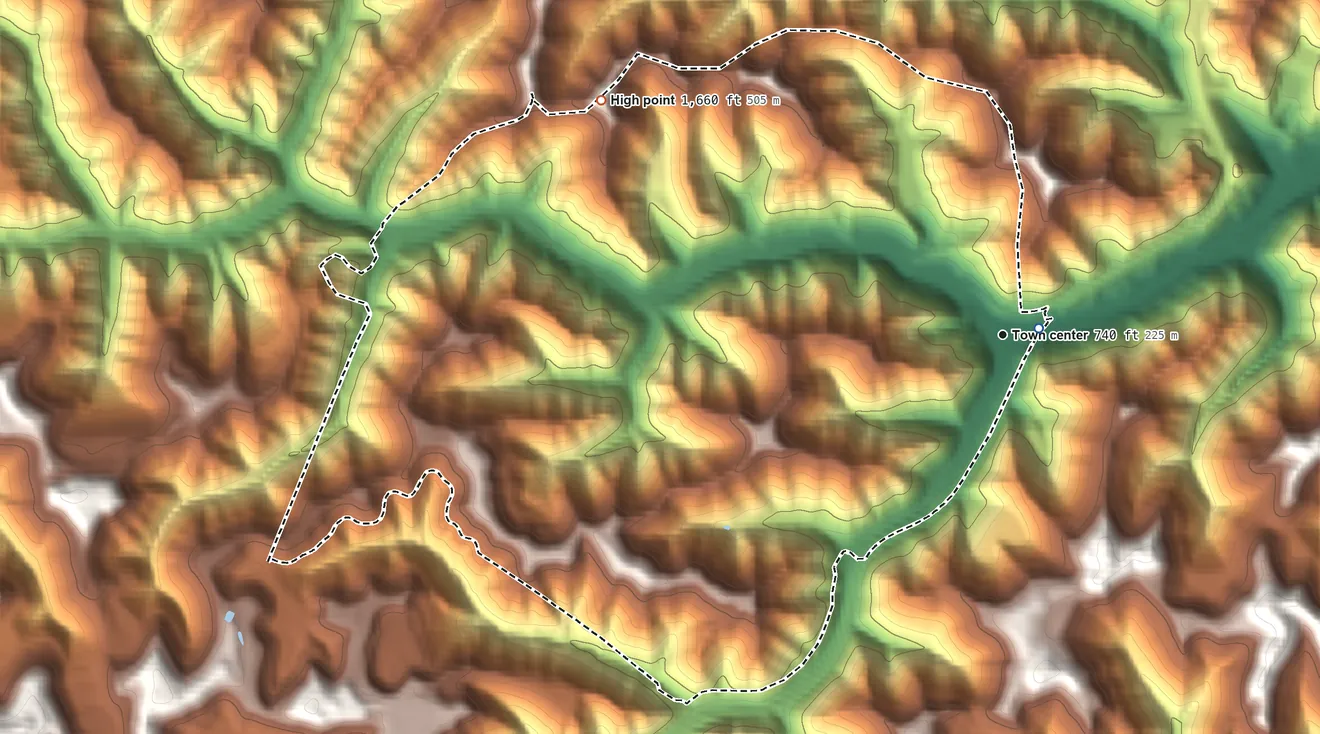 Topographic elevation map of Holden, West Virginia, shaded from 730 ft near the middle to 1,660 ft on the northwest side