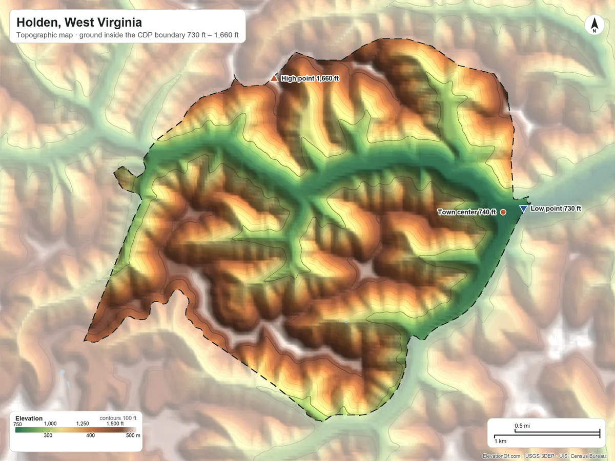 Topographic elevation map of Holden, West Virginia, shaded from 730 ft near the middle to 1,660 ft on the northwest side