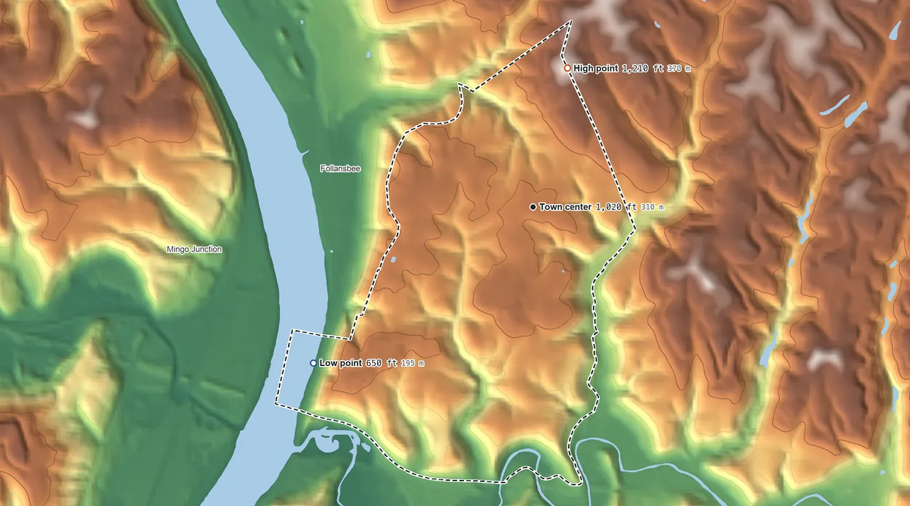 Topographic elevation map of Hooverson Heights, West Virginia, shaded from 650 ft on the southwest side to 1,210 ft on the north side