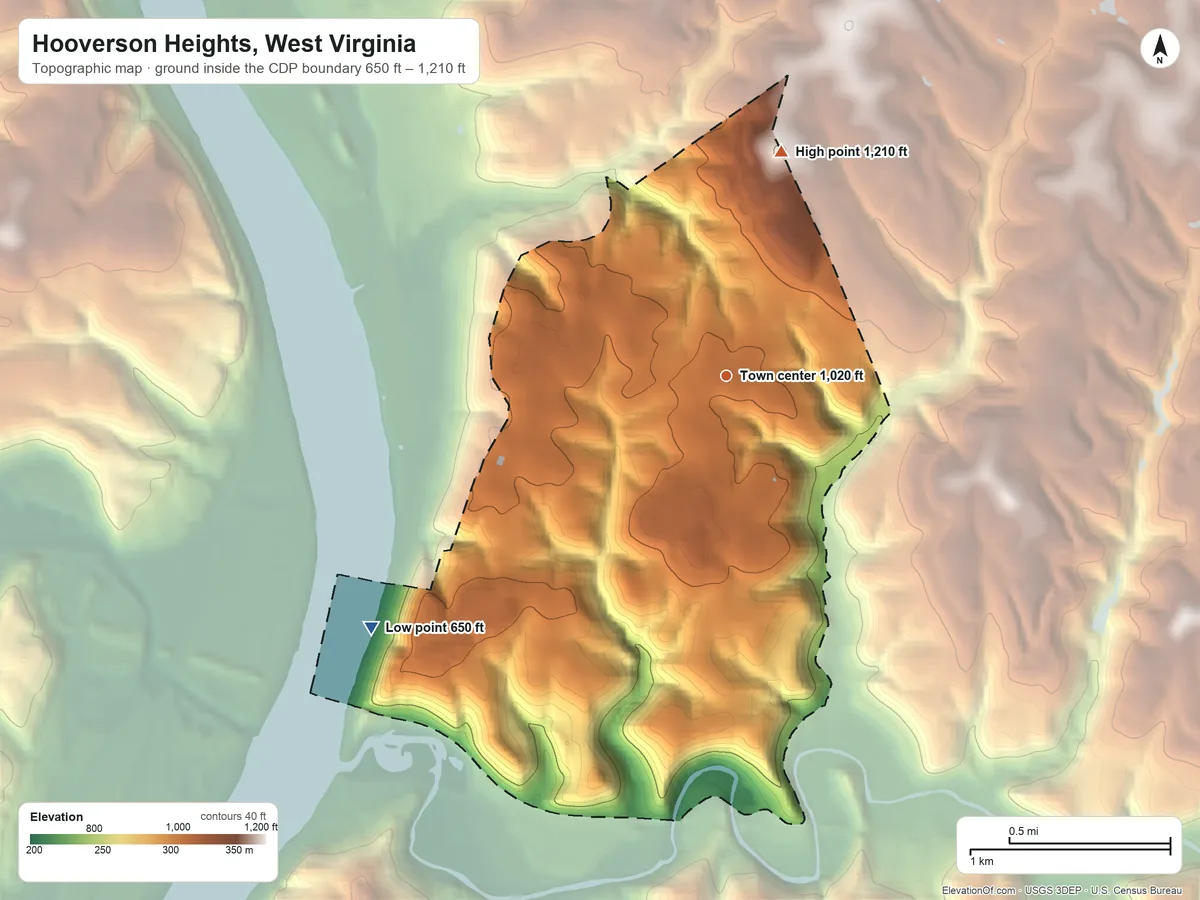 Topographic elevation map of Hooverson Heights, West Virginia, shaded from 650 ft on the southwest side to 1,210 ft on the north side