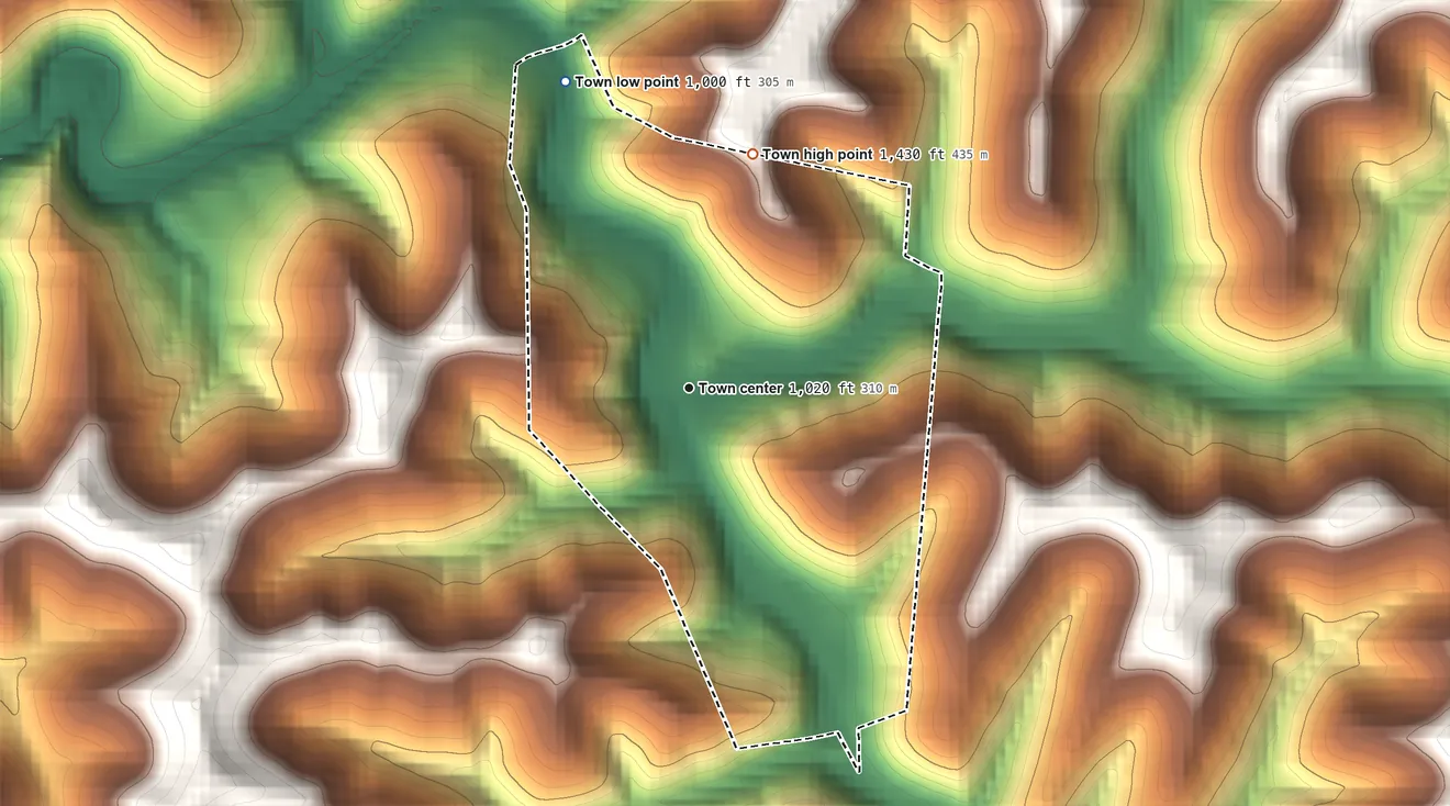 Topographic elevation map of Hundred, West Virginia, shaded from 1,000 ft on the north side to 1,430 ft on the north side