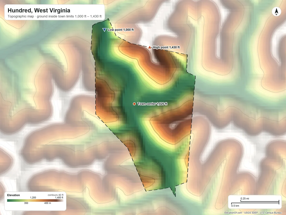 Topographic elevation map of Hundred, West Virginia, shaded from 1,000 ft on the north side to 1,430 ft on the north side