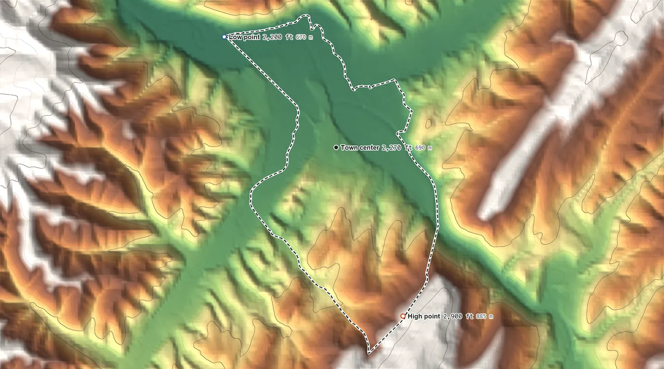 Topographic elevation map of Huntersville, West Virginia, shaded from 2,200 ft on the northwest side to 2,900 ft at the foot of the Yew Mountains
