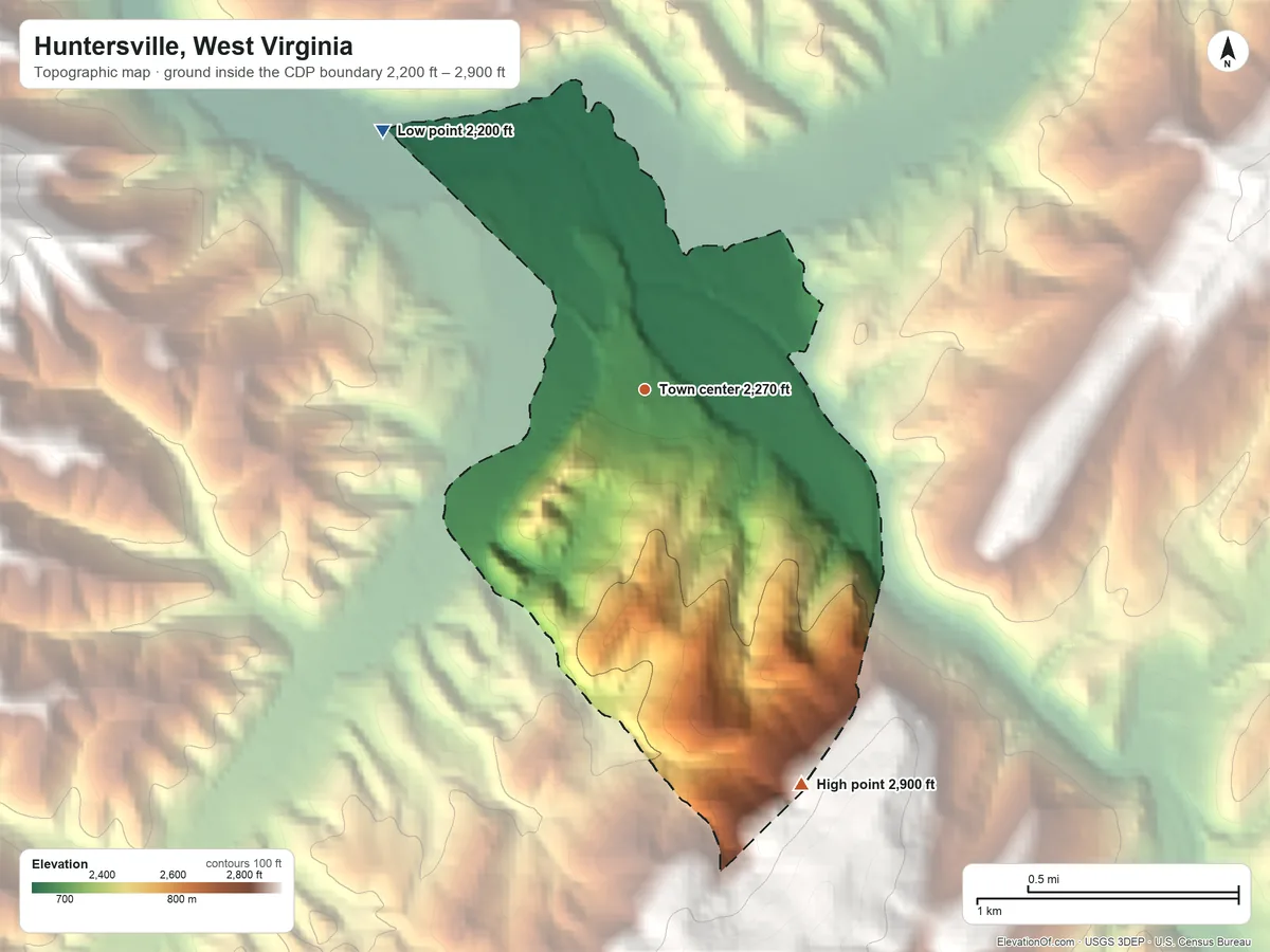 Topographic elevation map of Huntersville, West Virginia, shaded from 2,200 ft on the northwest side to 2,900 ft at the foot of the Yew Mountains