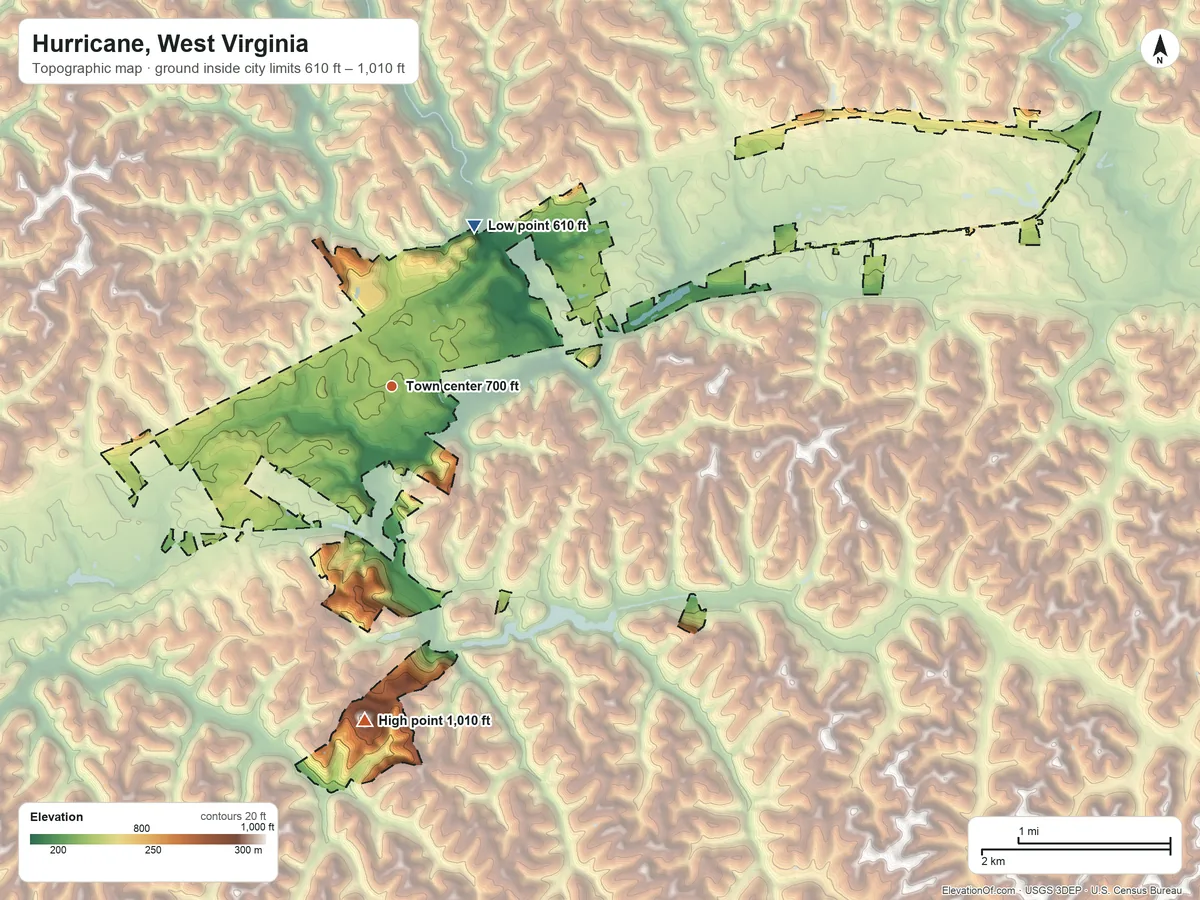 Topographic elevation map of Hurricane, West Virginia, shaded from 610 ft on the northeast side to 1,010 ft on the south side